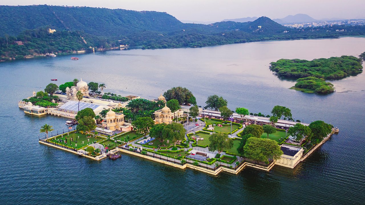 Palaces reflected in Lake Pichola at sunset