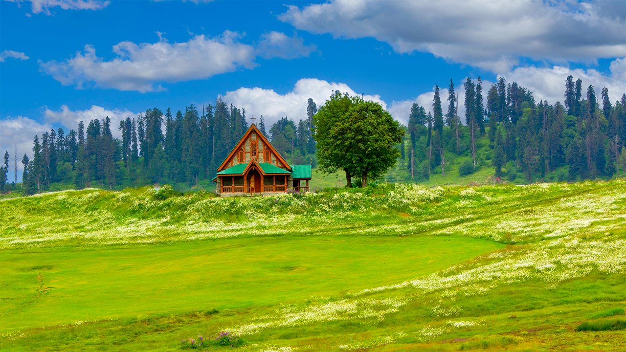 Gulmarg meadows and Church in Kashmir