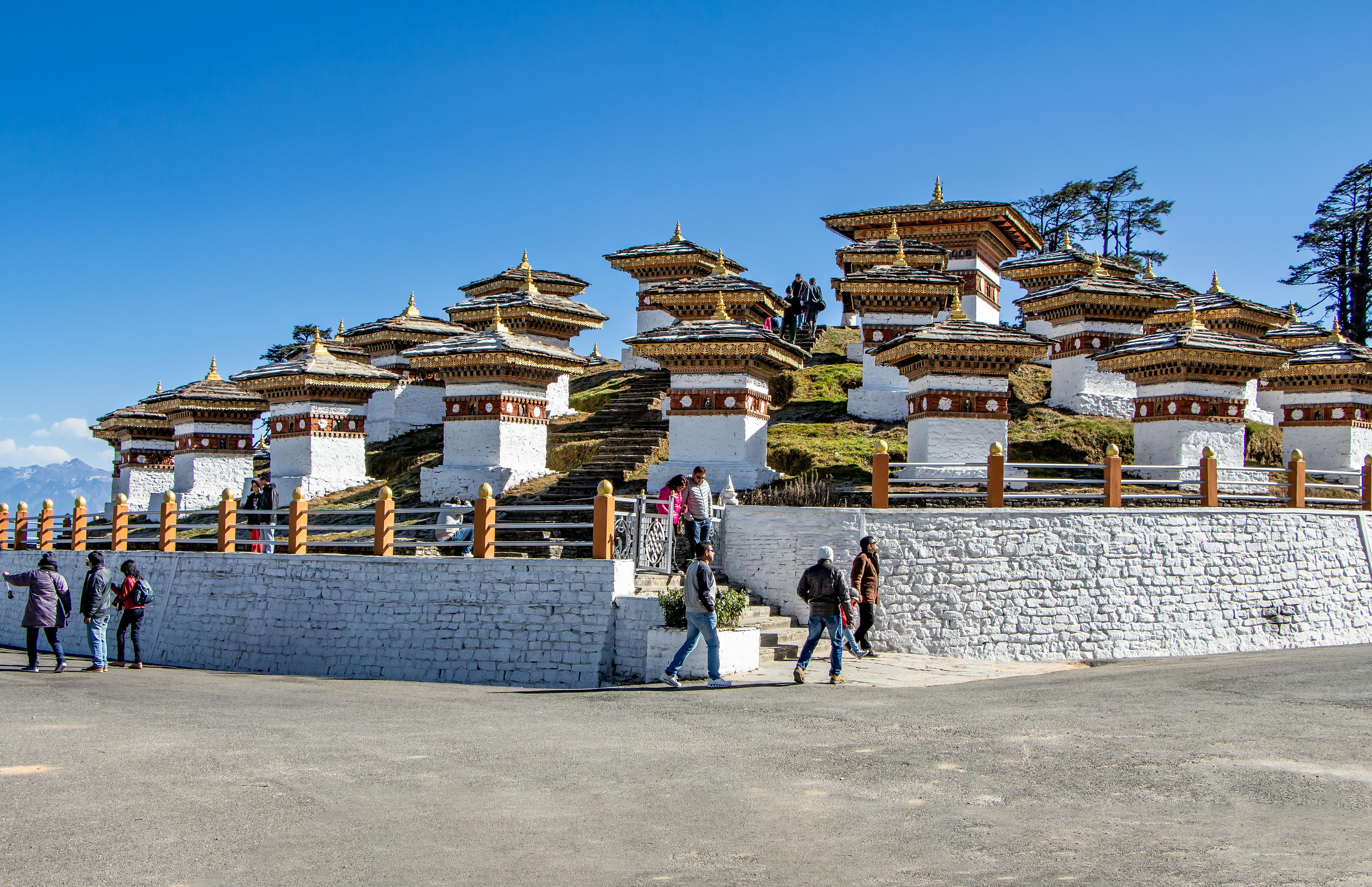 Mountain landscape in Bhutan with clear skies and Himalayan peaks