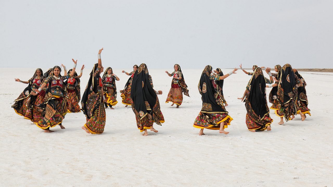 White salt desert of Rann of Kutch at sunset
